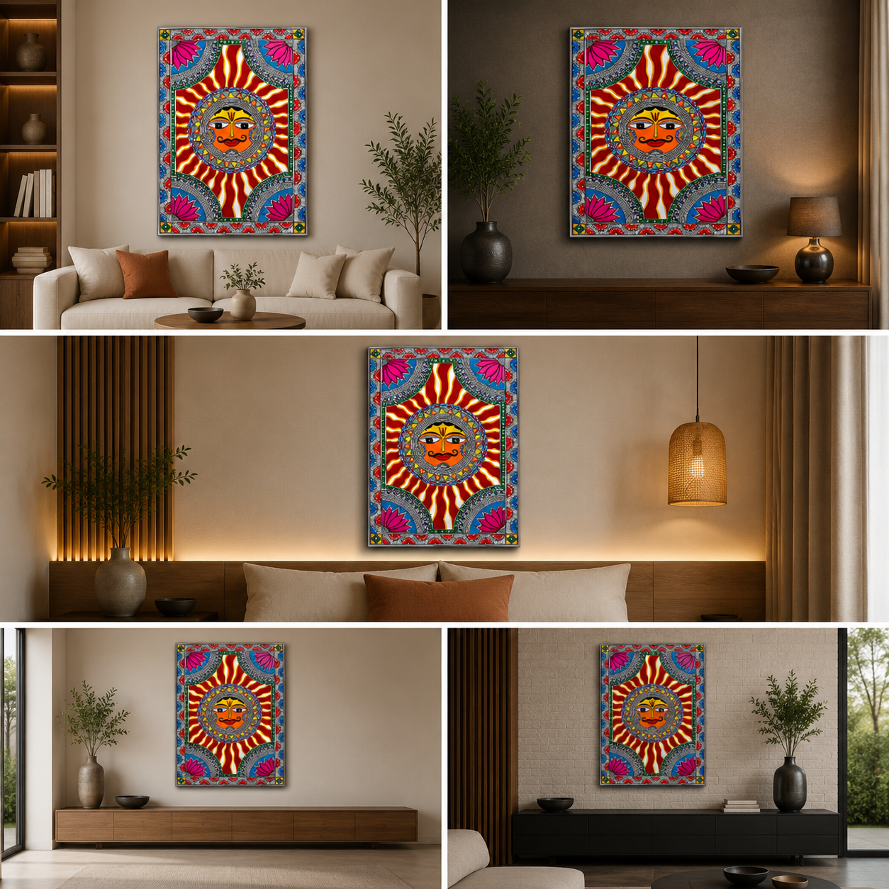 Sun Face Traditional Indian Canvas Wall Art | Ethnic Folk Sun Painting for Home Decor & Living Room