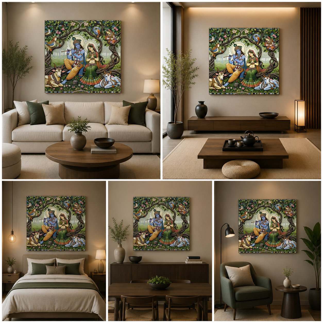 Radha Krishna Tree Canvas Painting Frame Wall Decor for Living Room Spiritual Artwork