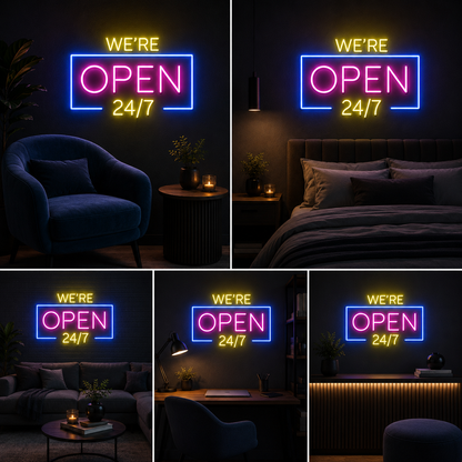 We're Open 24/7 Neon Sign Board | Custom Neon Light | LED Neon Light Name Plate for Shop