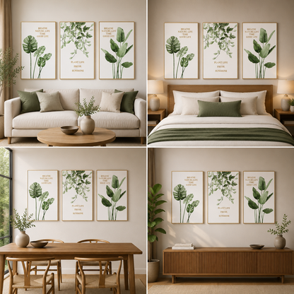 Tropical Green Botanical Canvas Wall Art Set of 3 for Modern Home and Office Decor