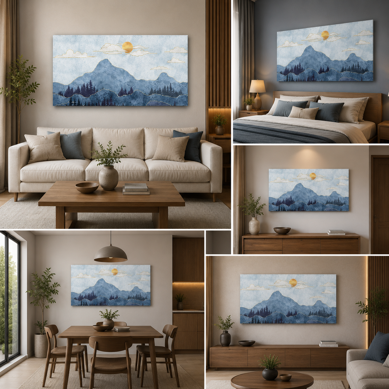 Blue Boho Mountain Painting for Home Decor