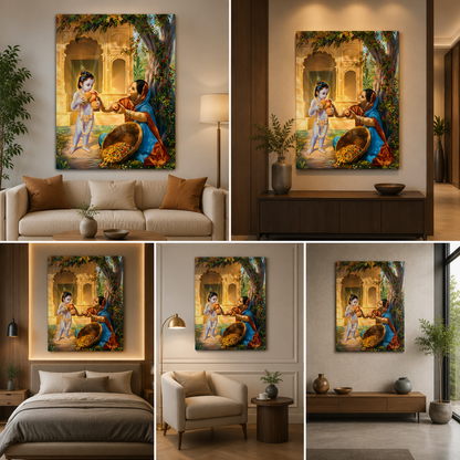 Bal Krishna Makhan Leela Canvas Painting Frame Baby Krishna Wall Decor for Living Room