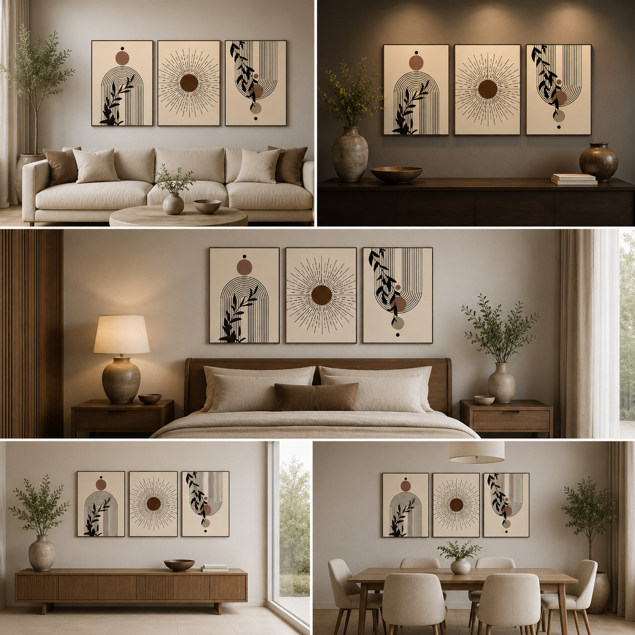 Modern Boho Geometric Wall Art Set of 3 Panels | Abstract Sunburst & Line Art Canvas | Minimalist Acrylic UV Printed Wall Decor (18 x 24 Inches Each Part)