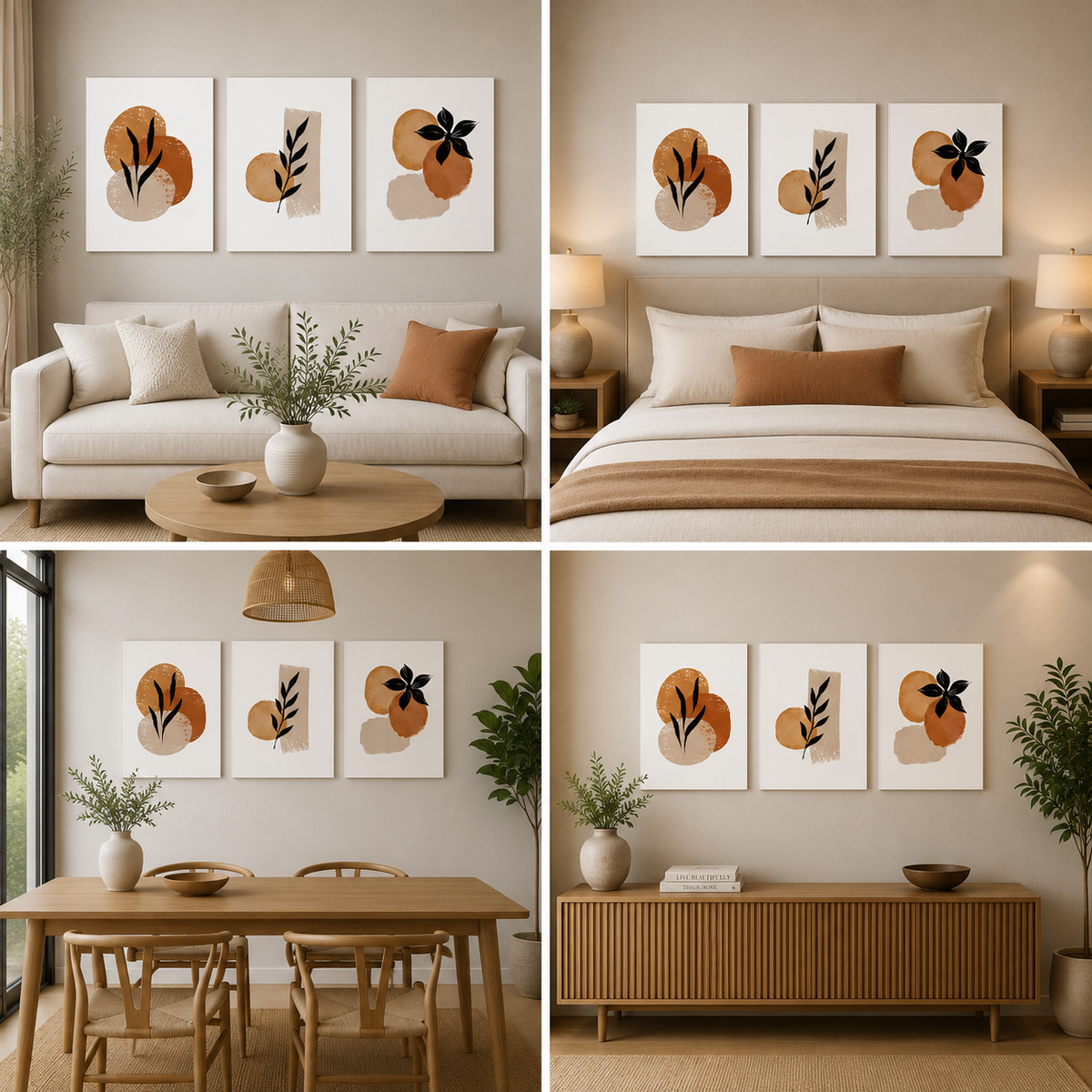 3-Piece Abstract Botanical Canvas Wall Art Set with Neutral Minimalist Leaf Design Decor