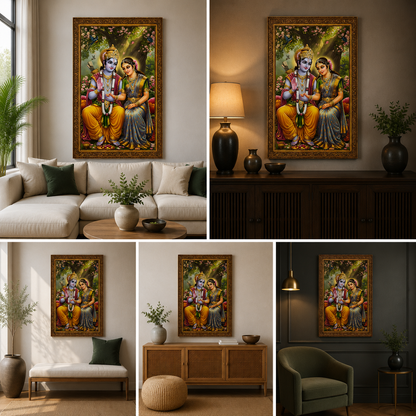 Ram Sita Canvas Wall Painting Frame with Decorative Border | Traditional Spiritual Wall Art for Living Room & Temple Decor | Large Size Divine Painting