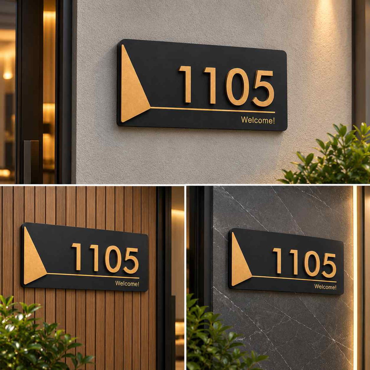 Modern Black and Gold House Number Sign with Custom 3D Numerals and Welcome Text