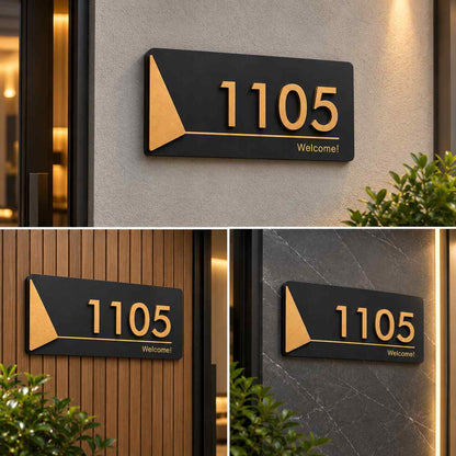 Modern Black and Gold House Number Sign with Custom 3D Numerals and Welcome Text