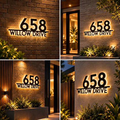 Custom LED House Number Sign with Address Name, Illuminated 3D Outdoor Wall Plaque