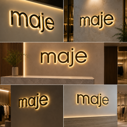 LED Halo Lit Channel Letter Sign Gold Finish Backlit 3D Letter Signage for Luxury Store Branding and Interior Decor