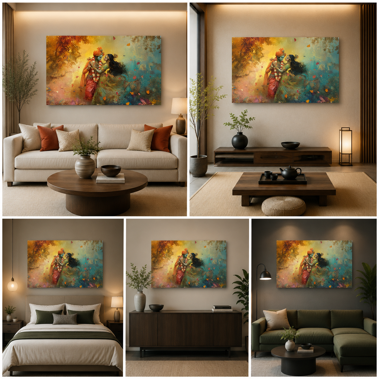 Radha Krishna Romantic Dance Canvas Painting Frame Wall Decor for Living Room Artistic Spiritual Artwork