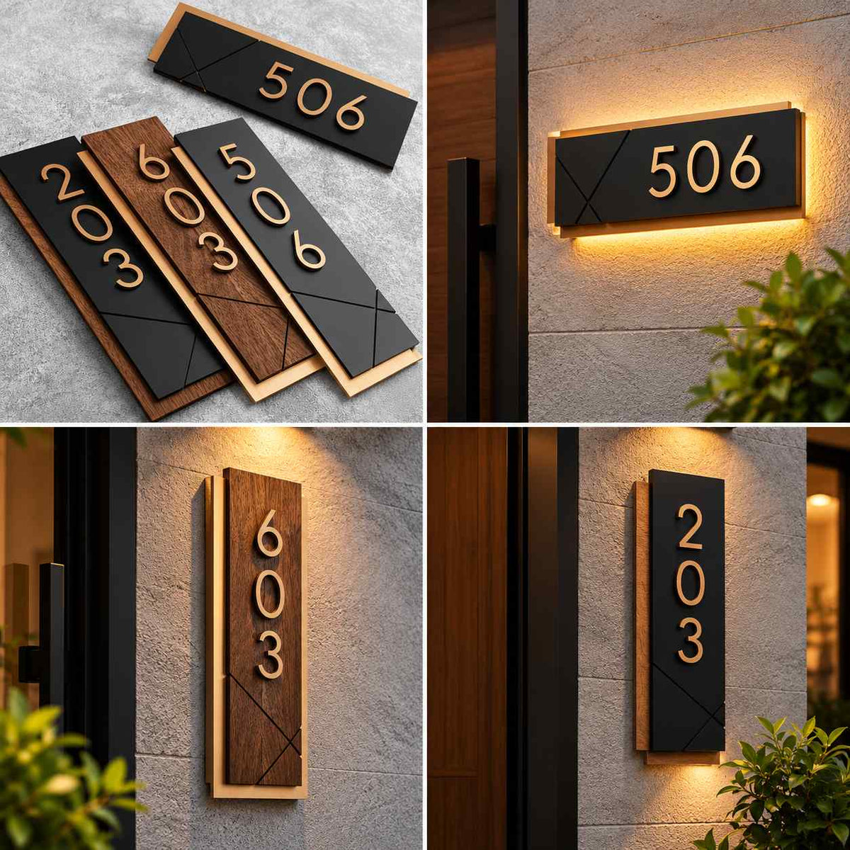 Modern LED House Number Plaque with Black Panel and Gold 3D Numerals