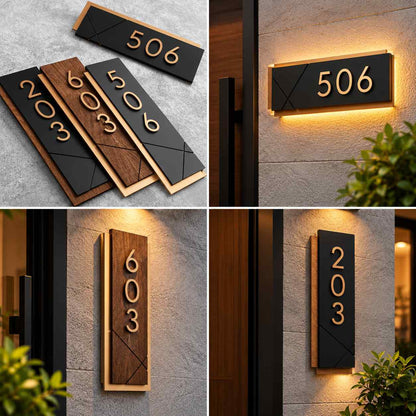 Modern LED House Number Plaque with Black Panel and Gold 3D Numerals