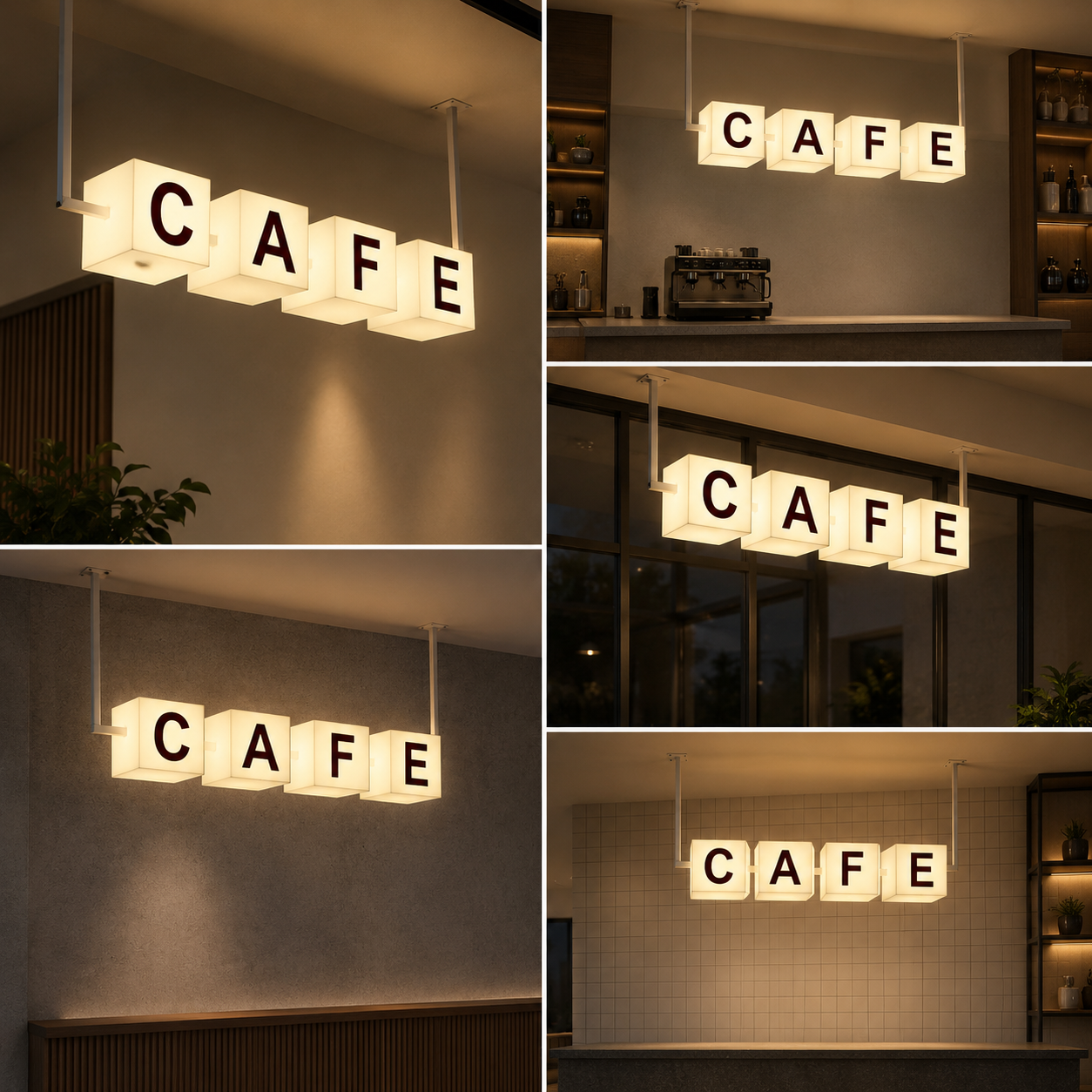 LED Cube Hanging Sign Lightbox Custom Letter Block Signage for Cafe Restaurant Retail Shop Ceiling Display
