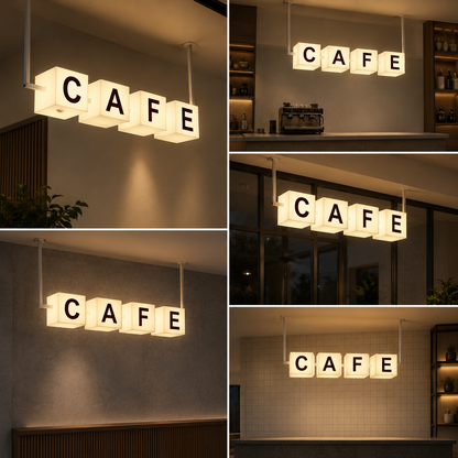 LED Cube Hanging Sign Lightbox Custom Letter Block Signage for Cafe Restaurant Retail Shop Ceiling Display