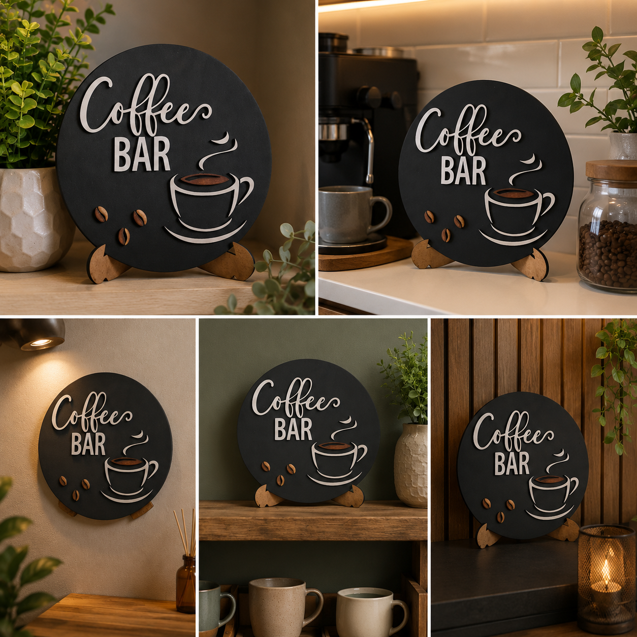 Coffee Bar Round Wooden & Acrylic Sign | Custom 3D Cafe Logo Display Board for Coffee Shop & Kitchen Decor