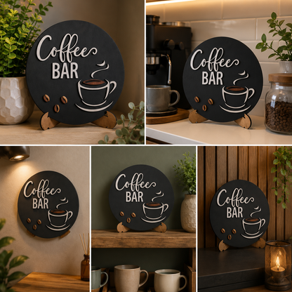 Coffee Bar Round Wooden & Acrylic Sign | Custom 3D Cafe Logo Display Board for Coffee Shop & Kitchen Decor