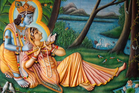 3D Divine Love Canvas Print | Radha Krishna for Temple Room Colorful depiction of two figures in a natural setting with a river and trees.