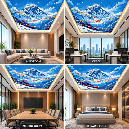 Scenic mountain ceiling with snow-covered peaks, prayer flags and clouds for office, bedroom and meeting room