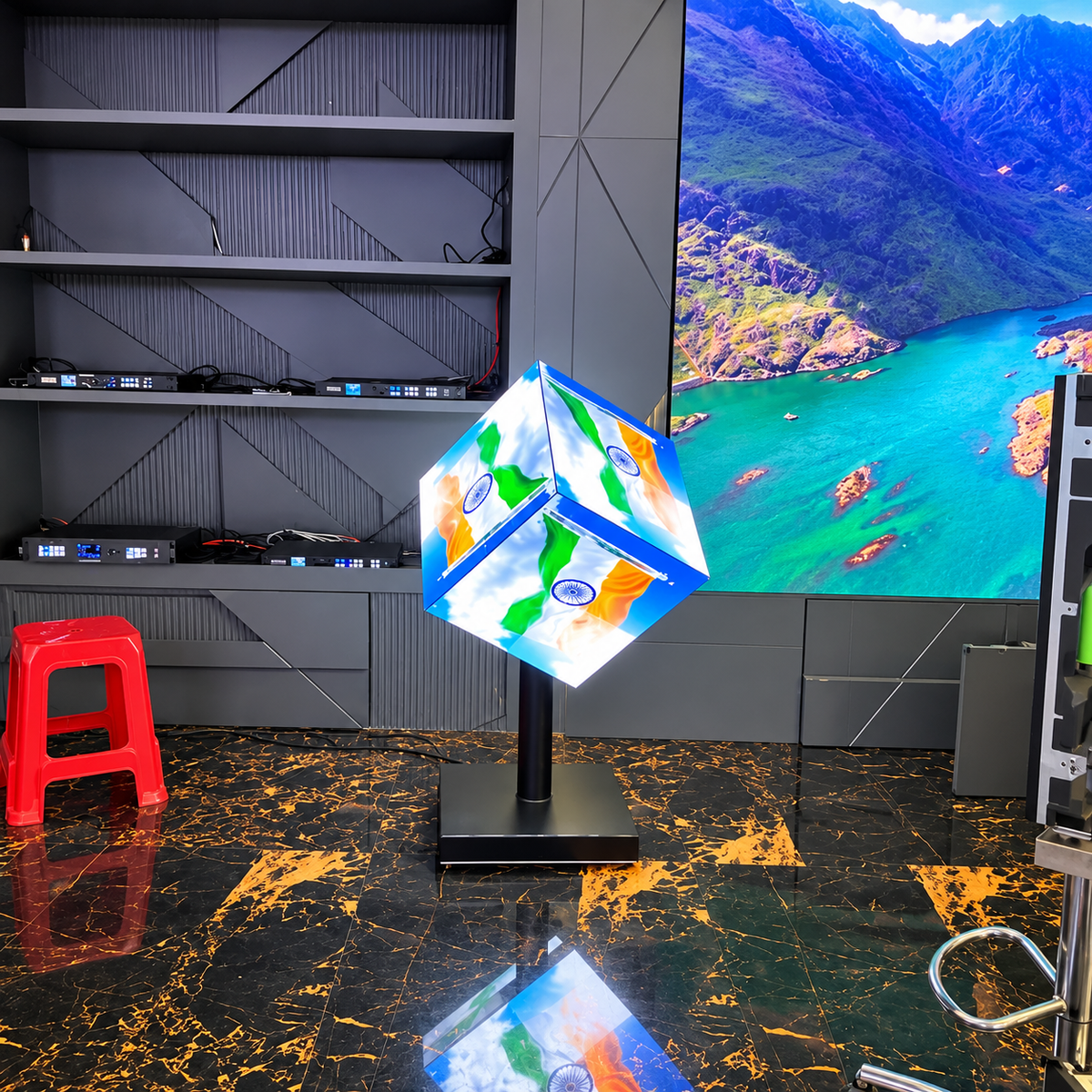 Creative LED cube display screen on floor stand for digital advertising and brand promotion