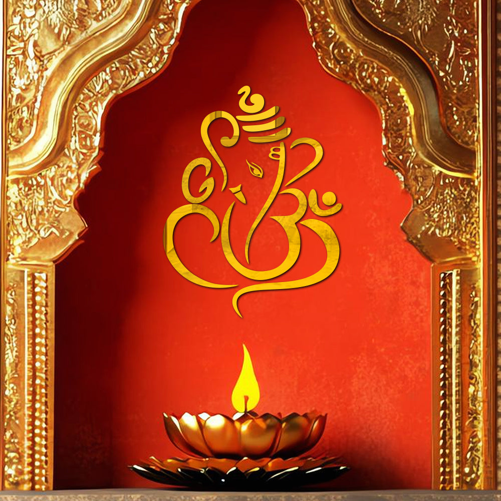 Decorative design with gold Ganesh symbol and lit candle on a red background with gold frame