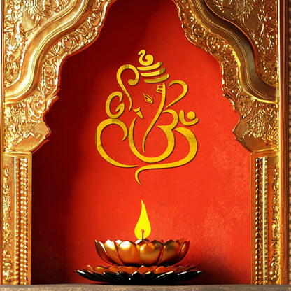 Decorative design with gold Ganesh symbol and lit candle on a red background with gold frame
