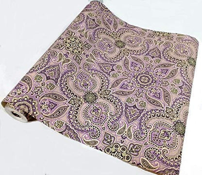 3D Modern Design Wallpaper, use as Wall Covering for Living Room, Living Room, Walls Grey Color Wallpaper (Roll 57 sq ft) Roll of fabric with a paisley pattern in purple and green on a white background
