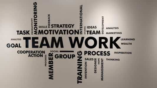 3D Office Wall Decors Team Work for Wall Decors | 3D Acrylic Letters Word cloud with teamwork-related terms on a beige background