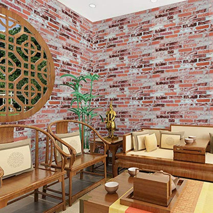 3D Wallpaper Brick Design Washable, 1 Roll/57 Sq Ft (53 X1000Cm) Living room with wooden furniture and brick wall