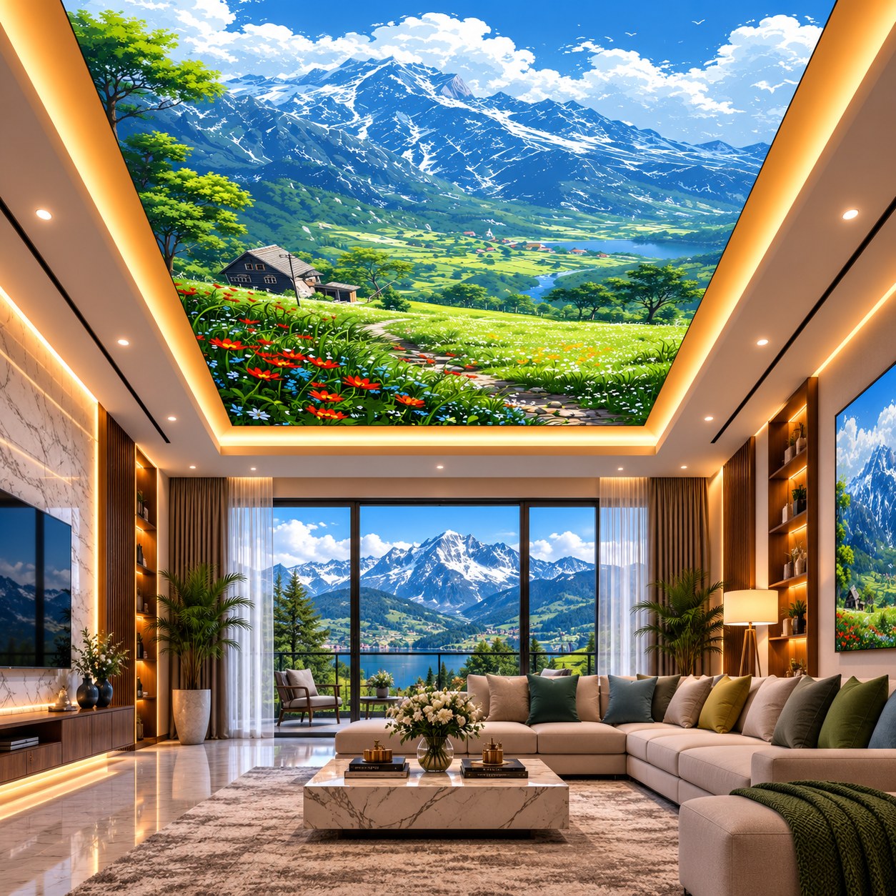 Mountain landscape ceiling design with snow-capped mountains, green valley and floral meadow for office and bedroom