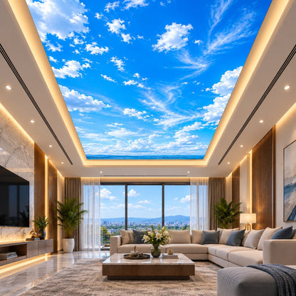 Blue sky and cloud ceiling design with open horizon effect for modern office and residential interiors