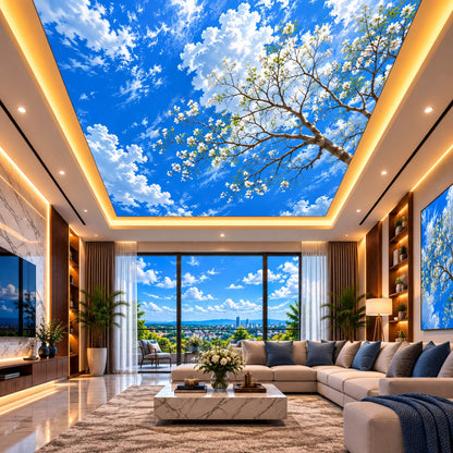 Tree branch and blue sky ceiling design with clouds for contemporary office, bedroom and meeting room