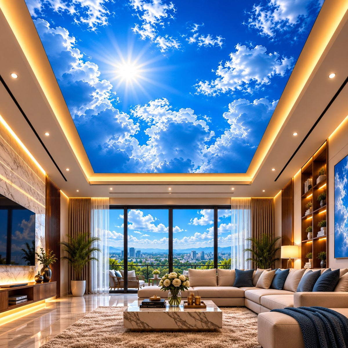 Realistic sun and cloud ceiling design with blue sky for modern office, bedroom and meeting room