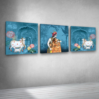 Radha Krishna with Kamdhenu Cow Triptych Canvas Painting Wall Art Each Size
