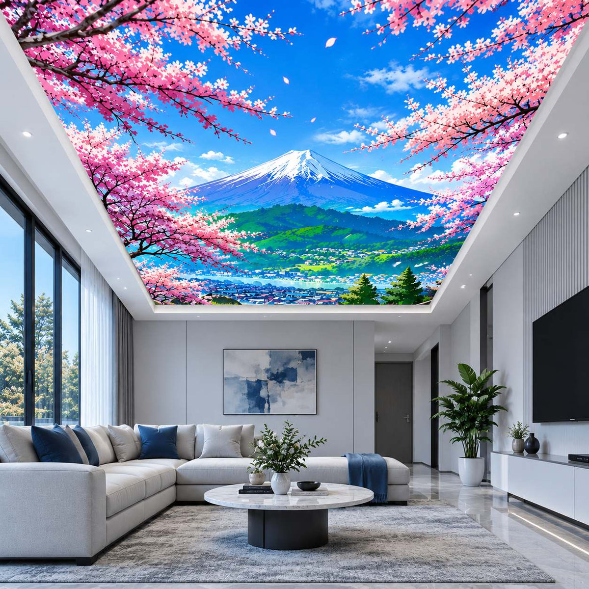 Japanese cherry blossom sky ceiling with snowy mountain landscape for modern bedroom, dining room and office interiors
