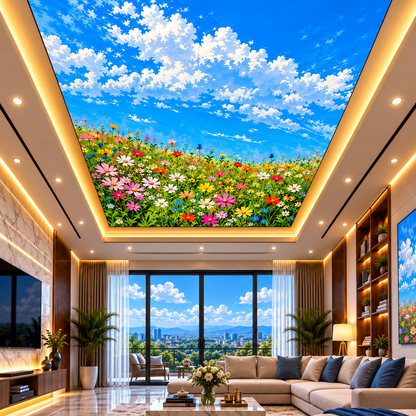 Colorful flower field sky ceiling design with green meadow and blue clouds for office, meeting room and drawing room