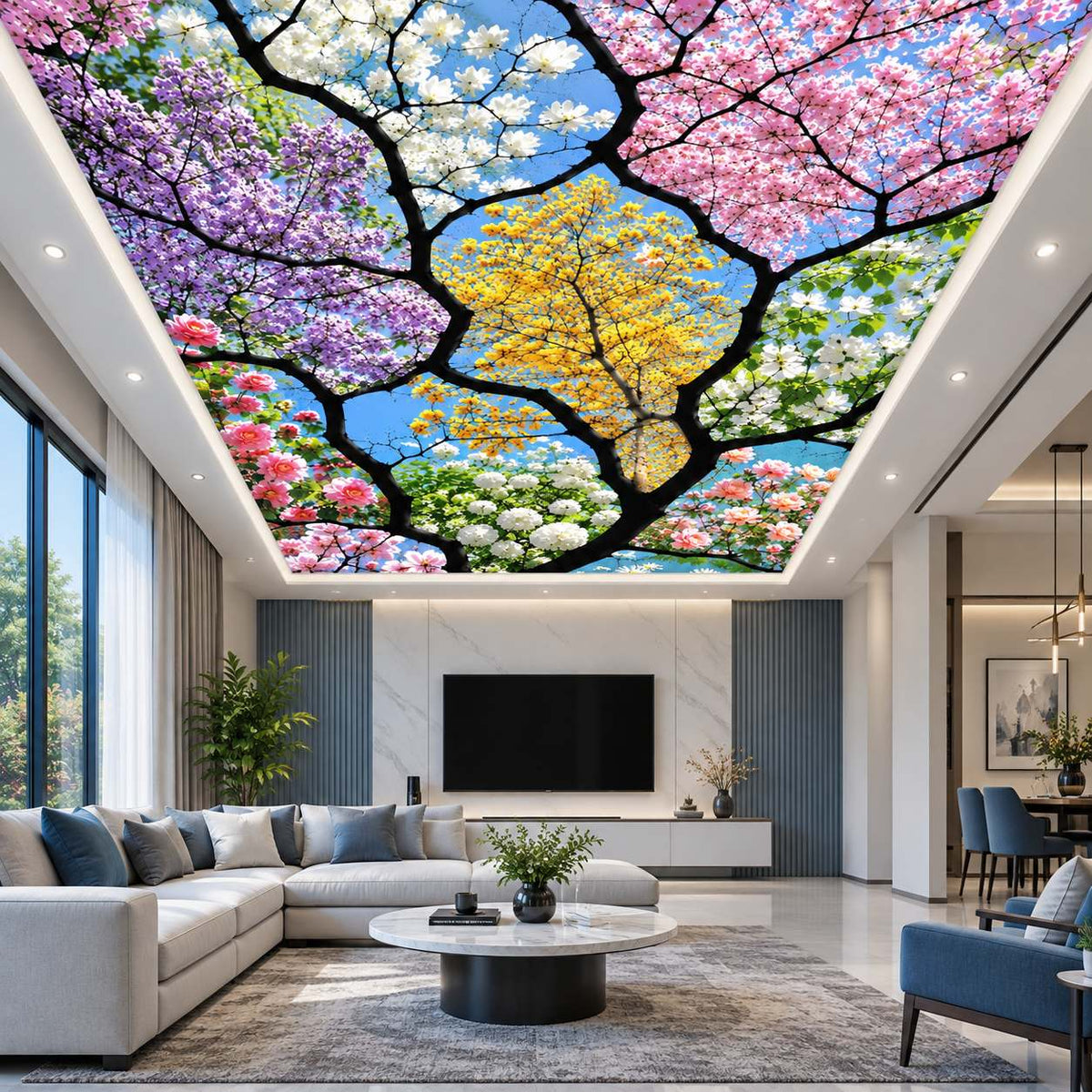 Multicolour floral tree ceiling wallpaper with vibrant mosaic-style leaves for modern bedroom, dining room and office interiors