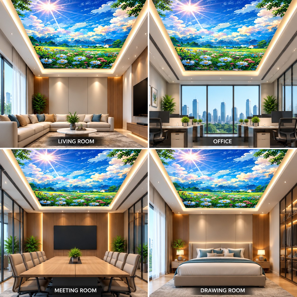 Scenic flower garden ceiling design with blue sky and clouds for bedroom, office and meeting room