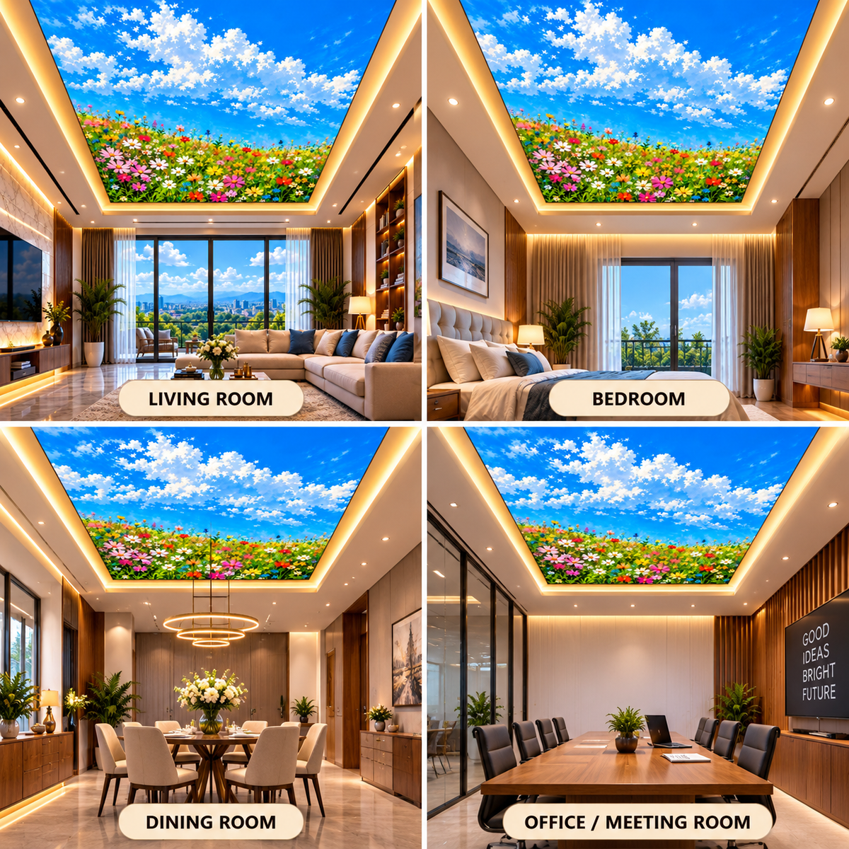 Colorful flower garden ceiling design with blue sky and clouds for bedroom, office and dining room