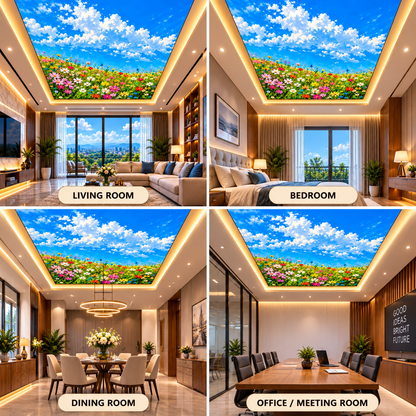 Colorful flower garden ceiling design with blue sky and clouds for bedroom, office and dining room