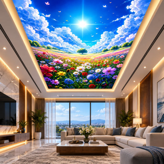 Colorful meadow sky ceiling with flowers, sunlight, clouds and distant landscape for office, bedroom and meeting room