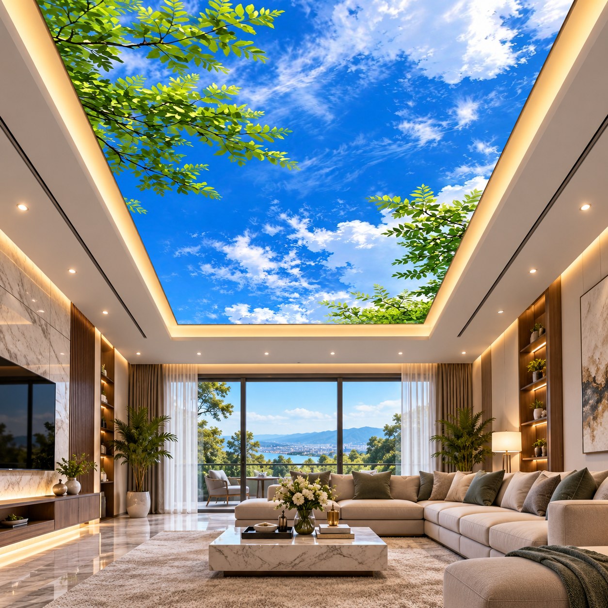 Green leaves and blue sky ceiling design with clouds for contemporary office, bedroom and meeting room