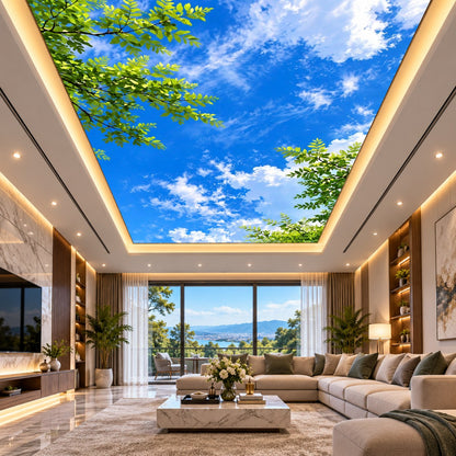 Green leaves and blue sky ceiling design with clouds for contemporary office, bedroom and meeting room