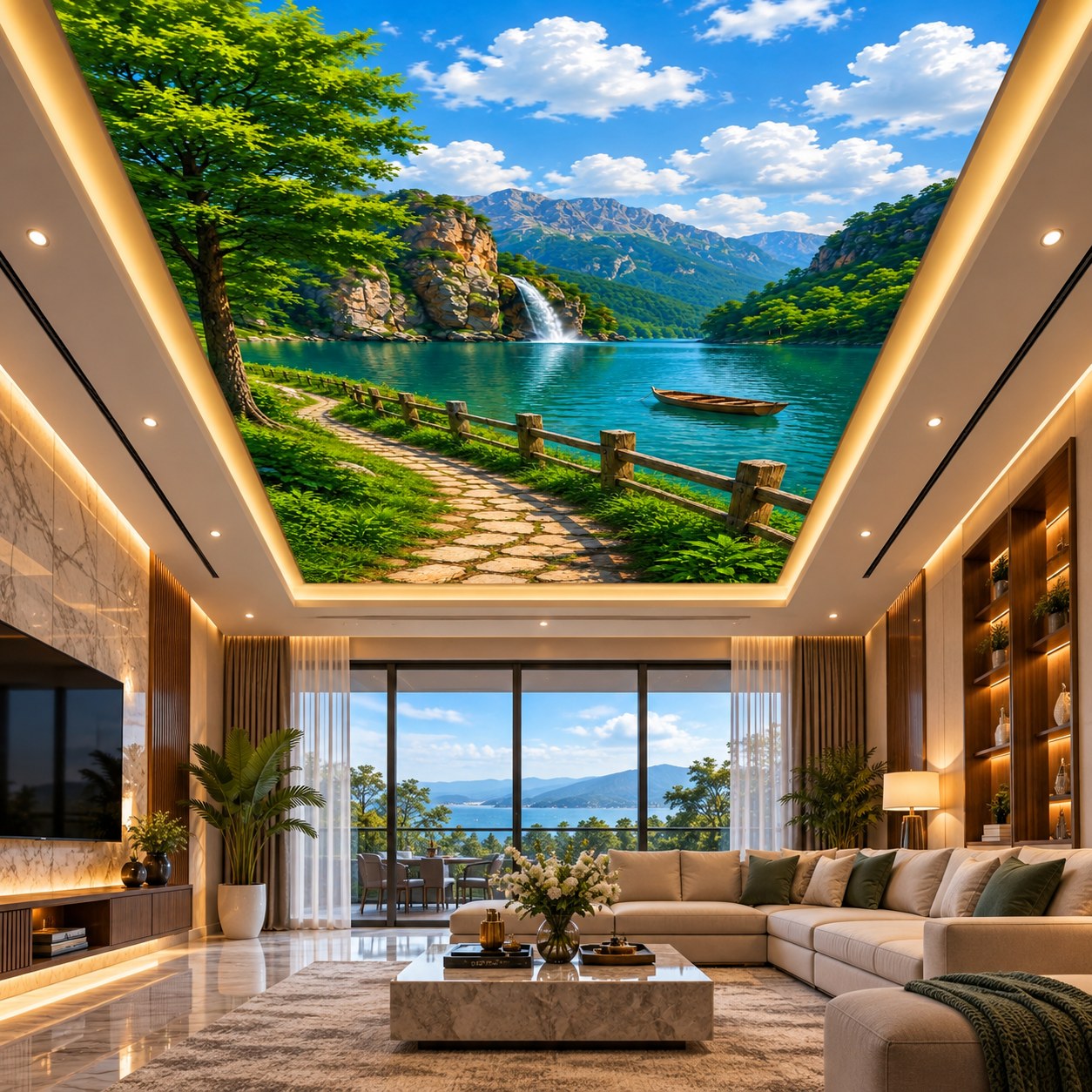 Scenic lake and waterfall ceiling wallpaper with mountain landscape for office, bedroom and meeting room