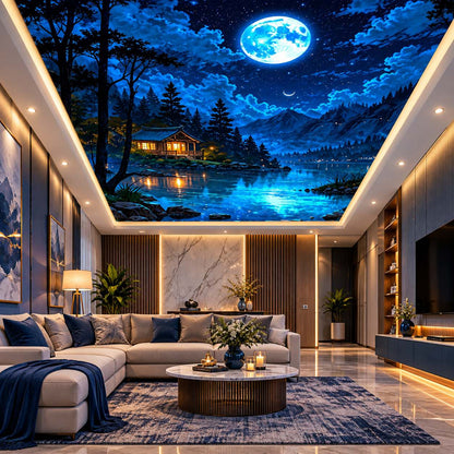 Night sky ceiling mural with illuminated lakeside cottage, moonlight reflections and peaceful blue water landscape.
