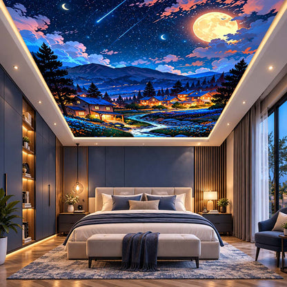 Starry night sky ceiling mural with mountain scenery, shooting star, glowing village houses and peaceful lake landscape.