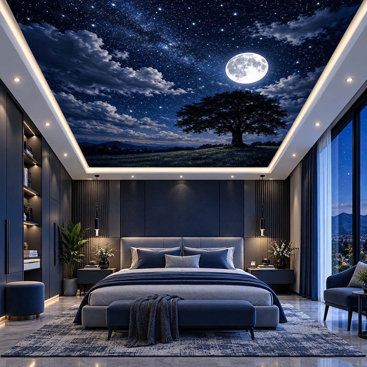 Dark blue night sky ceiling mural with full moon and tree silhouette in modern bedroom, dining room and office interiors.