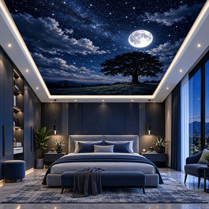 Dark blue night sky ceiling mural with full moon and tree silhouette in modern bedroom, dining room and office interiors.