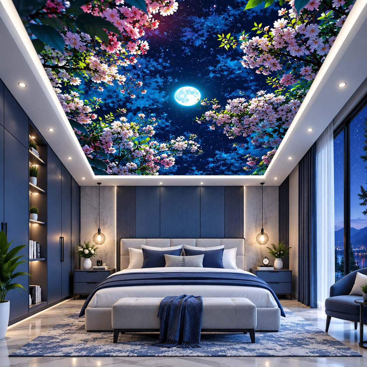 Japanese-inspired cherry blossom ceiling mural with moonlit sky for modern bedroom, dining room and office interiors.