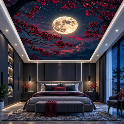 Japanese-inspired full moon ceiling mural with crimson tree branches and orange sunset in modern bedroom, dining room and office interiors.