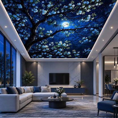 Blue night sky ceiling wallpaper with moonlit tree branches and delicate blossoms for modern bedroom, dining room and office interiors
